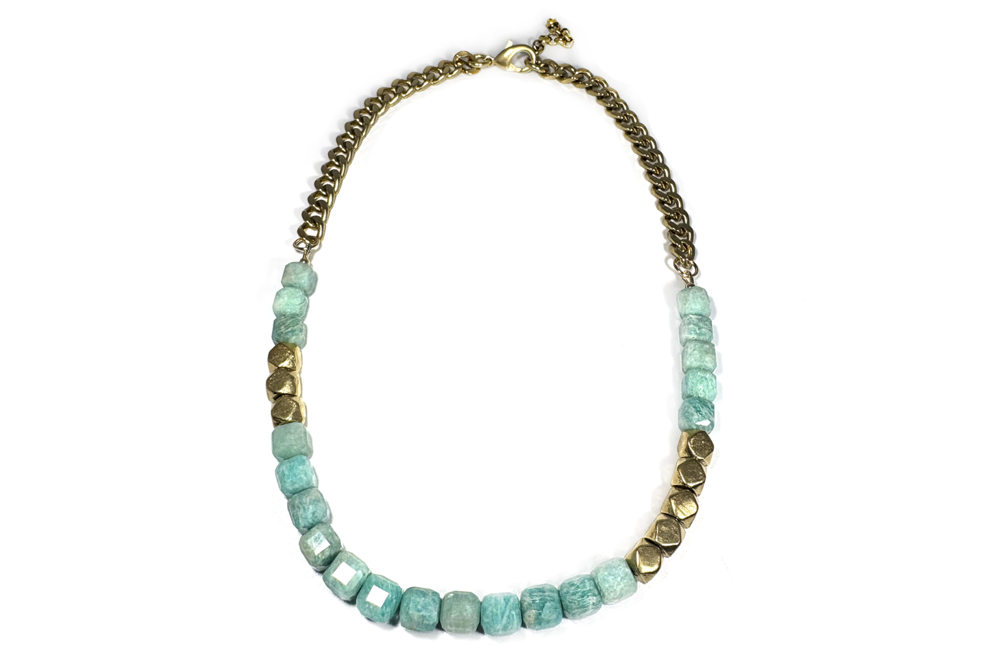AMAZONITE CUBES & DIAMOND CUT BRASS NECKLACE