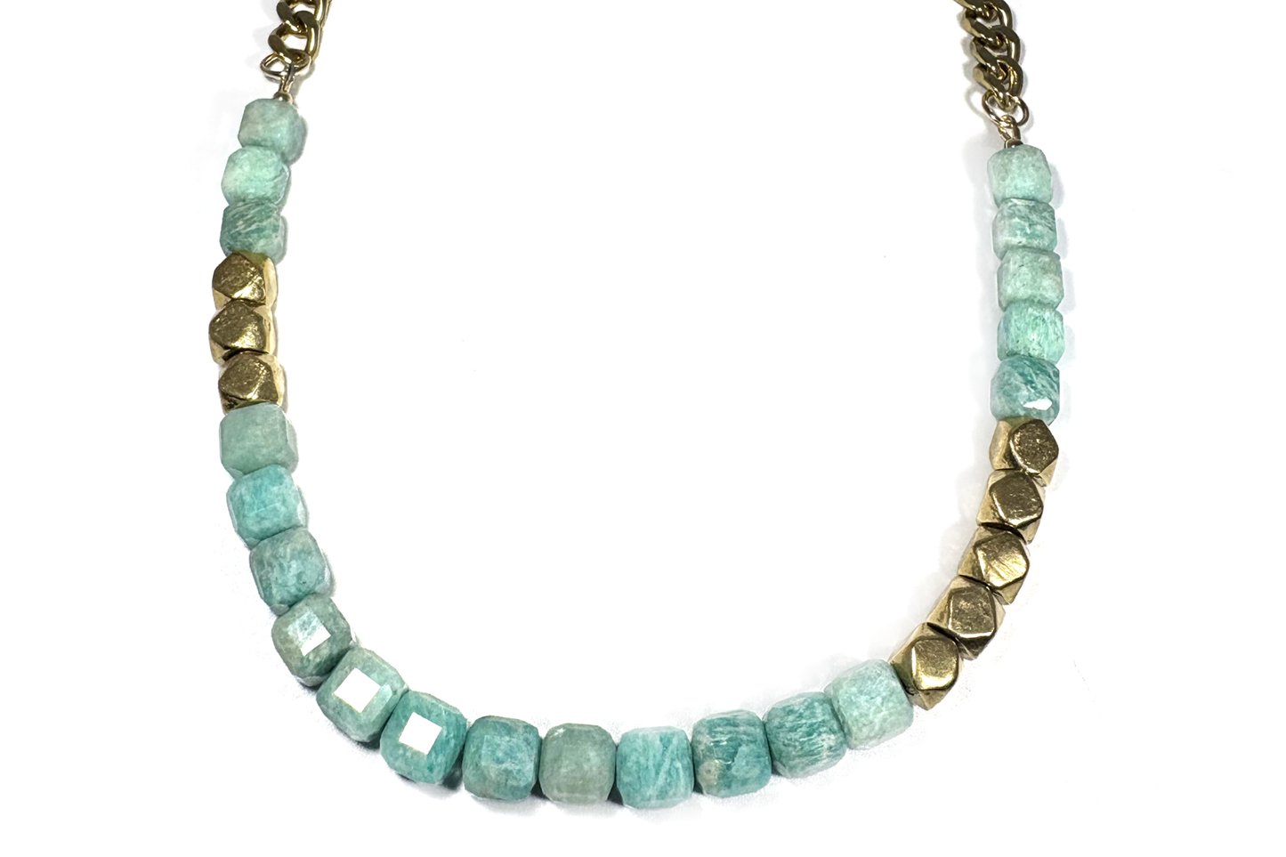 AMAZONITE CUBES & DIAMOND CUT BRASS NECKLACE