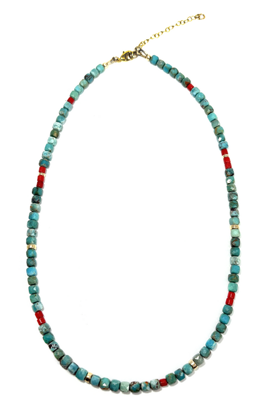 MINI BEADED TURQUOISE & RED CORAL NECKLACE