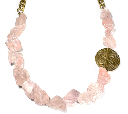 RAW ROSE QUARTZ & BRASS MEDALLION NECKLACE