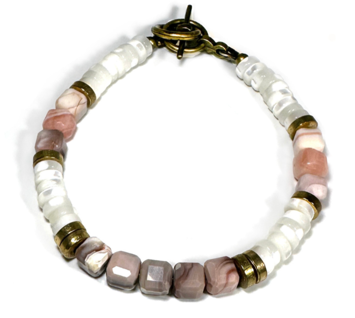 NARROW: PINK BOTSWANA AGATE CUBES & MOTHER OF PEARL BRACELET